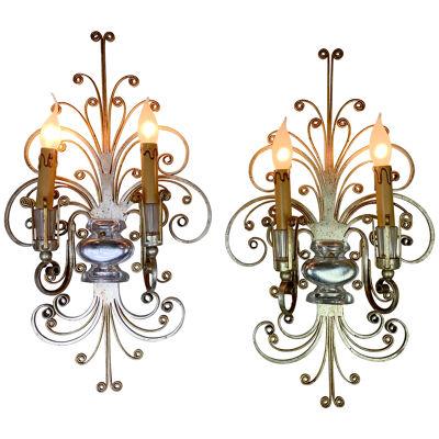 Pair of Banci Firenze Silver and Gilt Crystal Wall Lights
