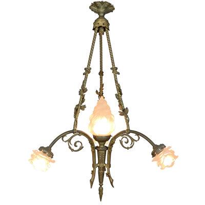  Art Nouveau Bronze and Glass Torchiere and Flower Chandelier circa 1905