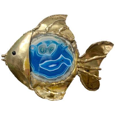  Jacques Duval-Brasseur Illuminated Blue Agate and Brass Fish Lamp