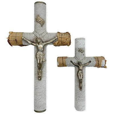 1930's French White Glass Bead and Zinc Memorial Crucifixes