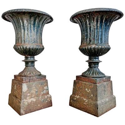 Pair of High Victorian Cast Iron Campana Urns on Plinths