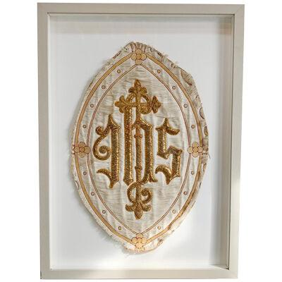 Antique French 'IHS' Embroidered Religious Panel in Gold Thread