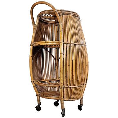 Mid-Century Italian Bamboo Barrel Bar Cart by Bonacina