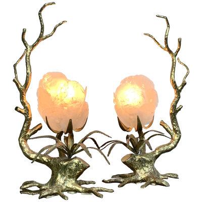 Pair of Duval Brasseur Bronze Coral Table Lights with Capiz Shell Shades