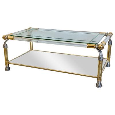 Lucite & Polished Brass Hollywood Regency Coffee Table