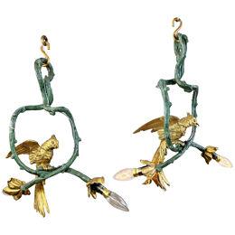 Stunning Pair of 19th Century Painted Bronze Cockatoo Chandeliers
