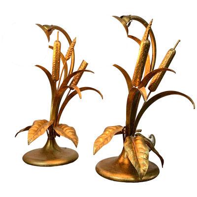 Hans Kogl Gilt Bulrush and Leaf Table Lamps with Globe
