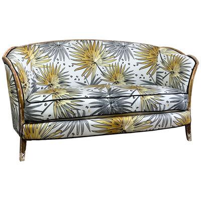 Antique French Parlour Settee in Tropics 'Fan Palm' Fabric