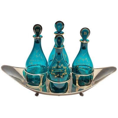 Fine Set of Green Georgian Decanters in a Silver Boat Shaped Stand
