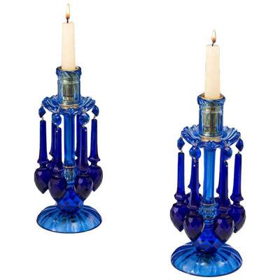 Rare Pair of Blue Cut-Glass Candlesticks by F&C Osler