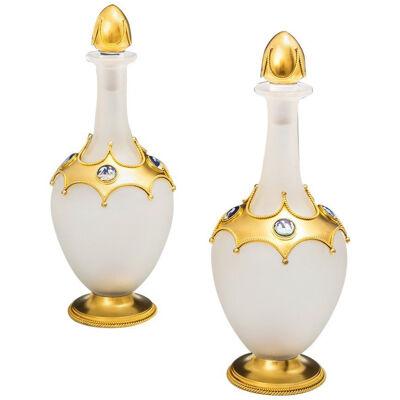 Exceptional Pair of Opaque Glass Ormolu Mounted Decanters by Leuchars