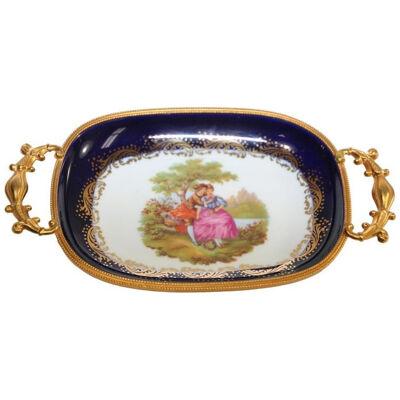 Limoges France Dish in Royal Blue with Fragonard Couple and Fine Gold Metal Trim
