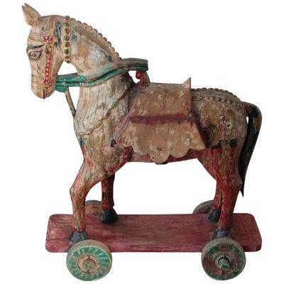 Large Antique Asian Polychrome Wooden Oversized Temple Horse from India