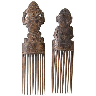 Two Fine Yaka Ornamental Figural Wood Combs Cisakulo West Africa