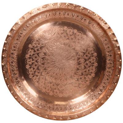 Large Antique Moroccan Hammered Copper Tray Platter