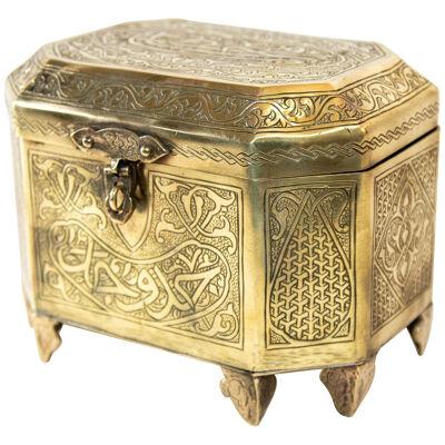 1920 Persian Brass Jewelry Box in Mamluk Revival Damascene Moorish Islamic Style
