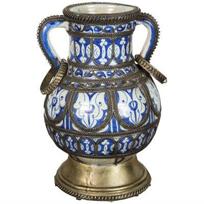 Moroccan Blue & White Ceramic Footed Vase from Fez with Silver Filigree