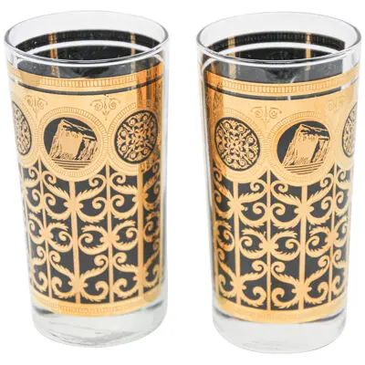 1960s Collectible Highball Black and Gold Barware Glasses by Fred Press