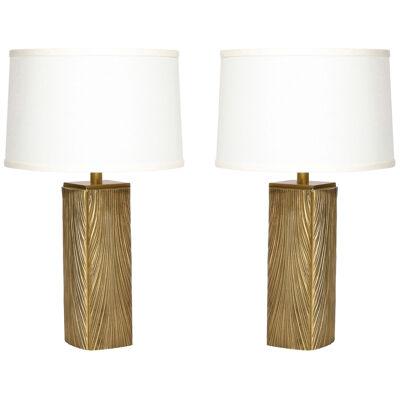 Pair of Mid-Century Feathered Brushed Brass Table Lamps by Luciano Frigerio