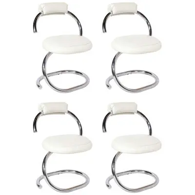 Set of Four Cobra Chairs in Curved Chrome & White Leather by Giotto Stoppino