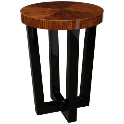 Art Deco Side Table in Book-matched Walnut w/ Black Lacquer Rectilinear Supports