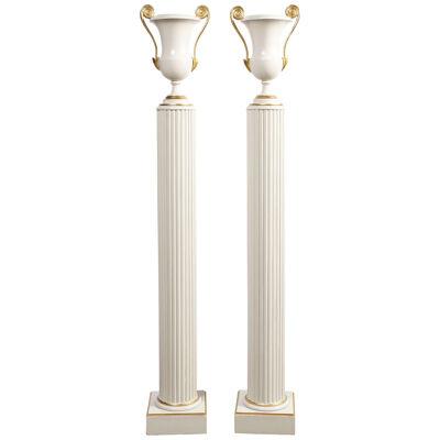 Pair of Neoclassical Urn Form Up-lights on Fluted Pedestals with Gilt Detailing