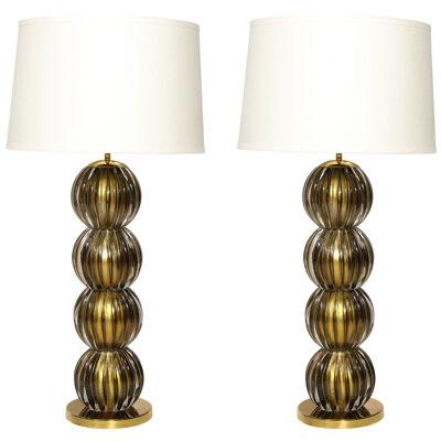 Large Scale Modernist Hand-Blown Murano Glass Table Lamps in Smoked Gold