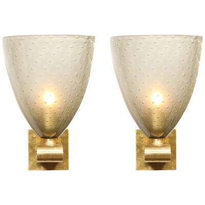 Modernist Brass Sconces with Hand Blown Murano Smoked Glass with Murines