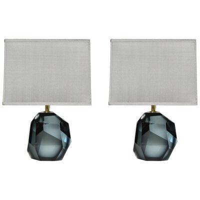 Modernist Pair of Faceted Table Lamps in Hand Blown Murano Smoked Sapphire Glass