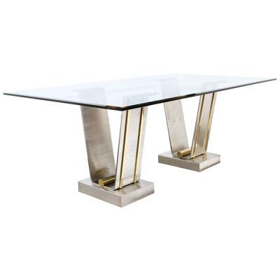 Mid-Century Modern Glass Top Table w/ Polished Brass & Brushed Nickel Support