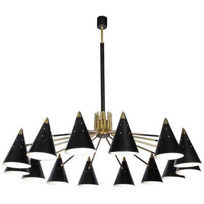 Expansive 14 Arm Conical Shade Chandelier with Black Enamel and Brass Fittings