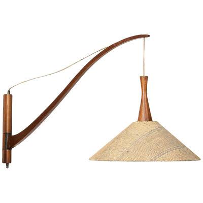 Mid-Century Solid Teak Wood Swing Arm Wall Chandelier with Hessin Shade