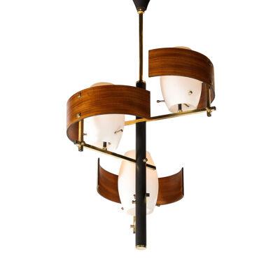 Mid-Century Modernist Frosted Glass and Curved Walnut Pendant with Brass Fitting