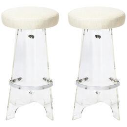 Pair of Mid Century Modern Lucite, Chrome Bar Stools in Holly Hunt Upholstery