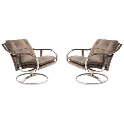 Pair of Mid Century Modern Button Back Chrome Arm Chairs in Holly Hunt Velvet