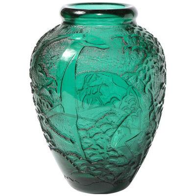 Art Deco Handblown Teal Vase w/ Stylized Ibis & Cloud Motifs Signed Daum Nancy