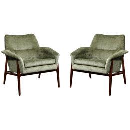 Mid-Century Club Chairs w/ Hand-Rubbed Walnut & Holly Hunt Gauffraged Velvet