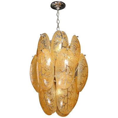 Mid-Century Modernist Three-Tier Leaf Form Chandelier in Gold Crushed Glass