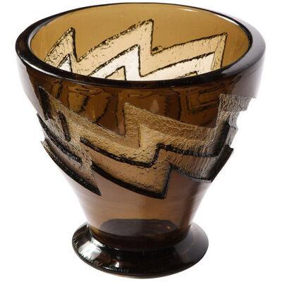 Art Deco Smoked Acid Etched Glass Vase with Zig Zag Motif Signed Daum Nancy