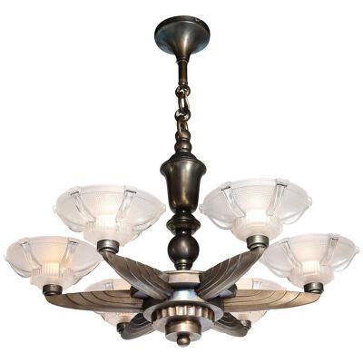 Art Deco Five Arm Bronze and Frosted Glass Chandelier by Petitot