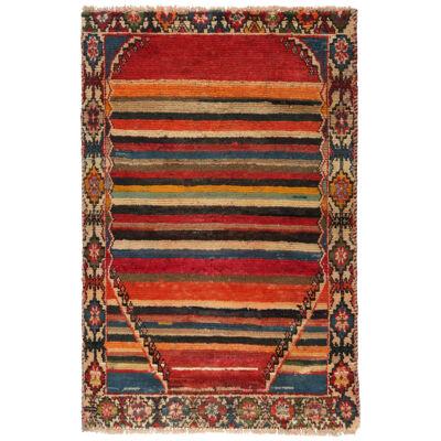 Vintage Gabbeh Tribal Rug in Polychromatic Stripes and Geometric Patterns