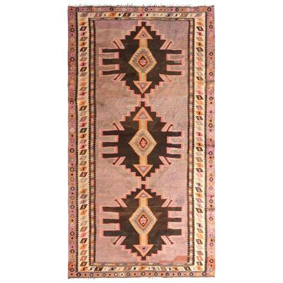 Mid-Century Vintage Persian Kilim Rug in Lavender &  Brown Geometric Pattern