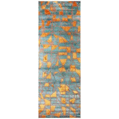 Rug & Kilim’s Mid Century Modern Geometric Orange & Blue Wool & Silk Gallery Rug