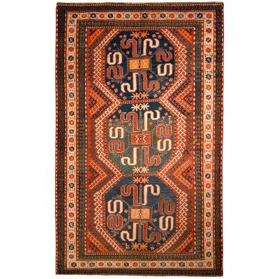 Hand-Knotted Antique Kasai Rug Red Orange and Beige Geometric Tribal Pattern