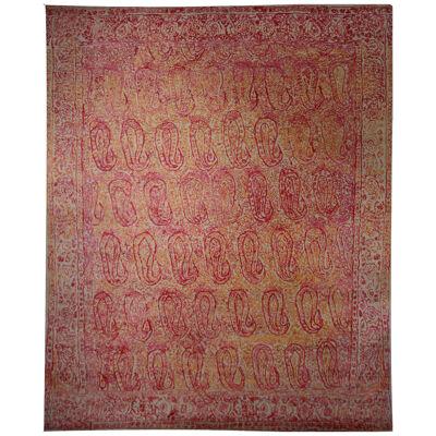 Contemporary Pink and Orange Wool and Silk Rug With Geometric Paisley Patterns