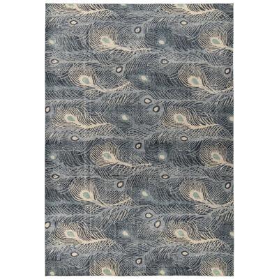 Distressed Art Nouveau Style Rug, Blue, White Feather Design by Rug & Kilim