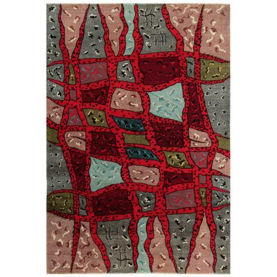1960s Hand-Knotted Vintage Rug, Red, Blue, Beige-Brown Mid-Century Modern Style