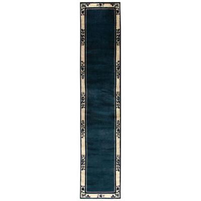 Vintage Chinese Deco Style Runner in Deep Blue & off White Floral Border
