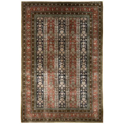 Hand-Knotted Vintage Persian Rug in Red and Beige Brown Striped Floral Pattern