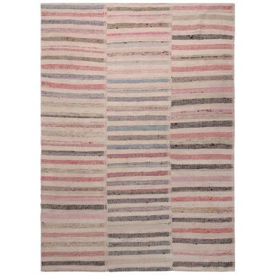 Vintage Chaput Striped Geometric Beige-Brown Pink and Blue Wool Kilim Rug